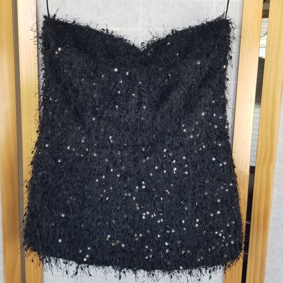 Zara Black Sequined Bustier Top Strapless Button Front Stretch Size Medium - Picture 13 of 14